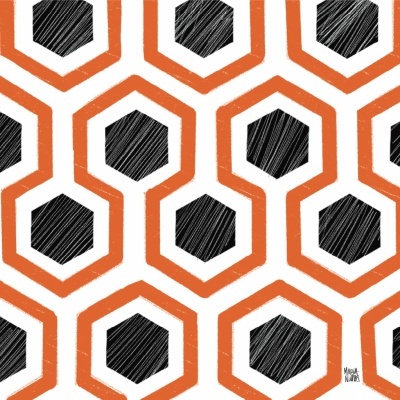 Padrão geométrico de hexágonos preto e laranja com textura riscada