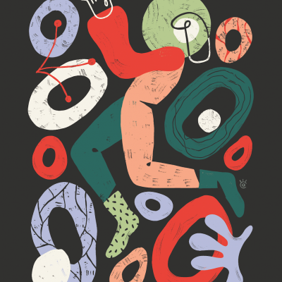 Ilustração abstrata colorida com formas orgânicas, perna, mão e texto Catarine Gracinda