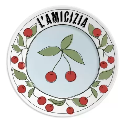 Prato decorativo com padrão de cerejas e texto L'AMICIZIA