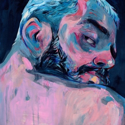 Pintura artística de um homem de costas com cores vibrantes