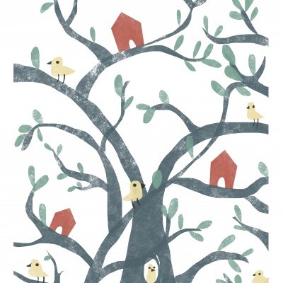 Ilustração de árvore com pássaros e casas vermelhas.