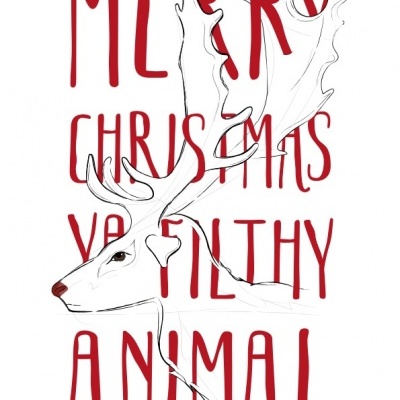 Ilustração de rena com texto vermelho Merry Christmas Ya Filthy Animal