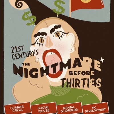 Poster ilustrado com figura feminina, chapéu com símbolos de dólar, bandeira vermelha com sorriso amarelo, e textos sobre crise e problemas sociais.