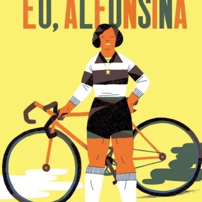 Capa de livro com mulher e bicicleta, texto em cores no topo