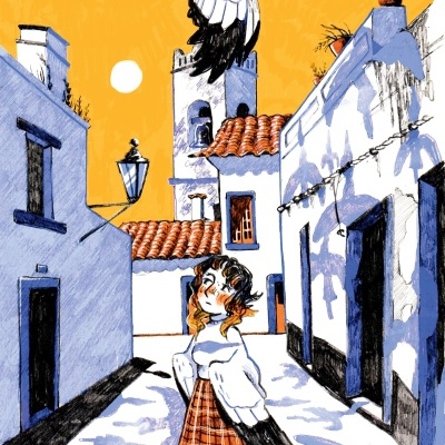 Ilustração de uma rapariga com casaco e saia num cenário com casas brancas e cegonha a voar.