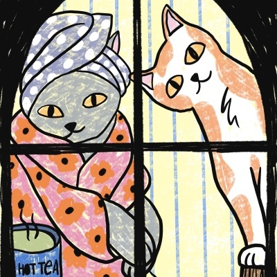 Ilustração de gatos atrás de janela com roupão e touca e felino branco com manchas castanhas