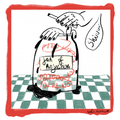 Desenho de um frasco com rótulo 'jar of rejection' numa mesa xadrez verde e branco com mãos a fechar a tampa e palavra 'Shivuu' num balão de fala