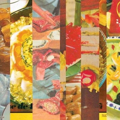 Composição de imagens fragmentadas de diversos pratos de comida colorida