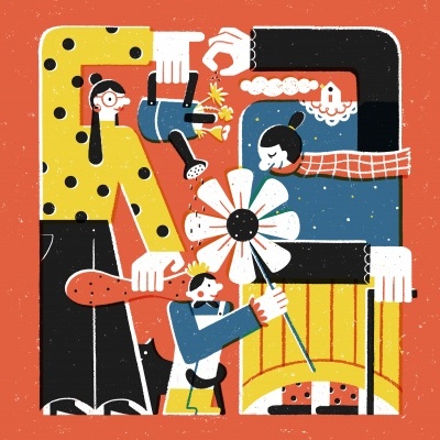 Ilustração com quatro figuras geométricas coloridas segurando uma flor grande