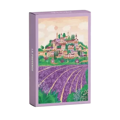 Caixa de puzzle com imagem de campo de lavanda e cidade da Provença