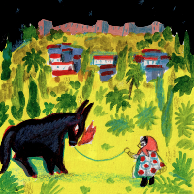 Ilustração de pessoa de capuz vermelho e animal preto com chama na boca em paisagem amarela e verde com edifícios ao fundo