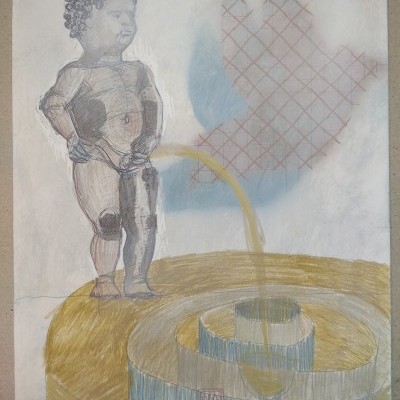 Desenho infantil com urinal e sombra quadriculada no fundo