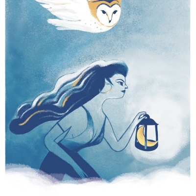 Ilustração de mulher segurando lanterna com coruja voando acima