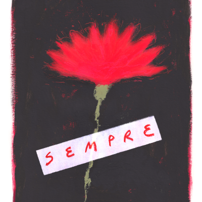 Ilustração de flor vermelha com faixa branca escrita SEMPRE