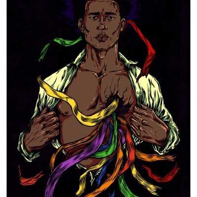 Ilustração de homem com fitas coloridas saindo do peito sobre fundo preto