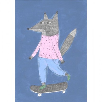 Desenho de animal cinzento com camisola cor-de-rosa e calças azuis a andar de skate