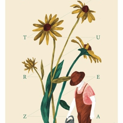 Ilustração de flores grandes amarelas, figura humana com macacão castanho e regador, letras com pontilhado em fundo bege