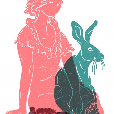 Ilustração artística com uma mulher coral, um coelho verde e um rato preto num fundo branco