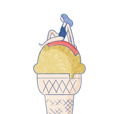 Ilustração mulher em fato de banho azul sentada em gelado em cone amarelo com fatia vermelha