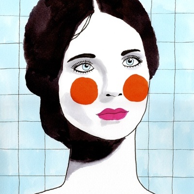 Ilustração de mulher com bochechas vermelhas e camisola às riscas