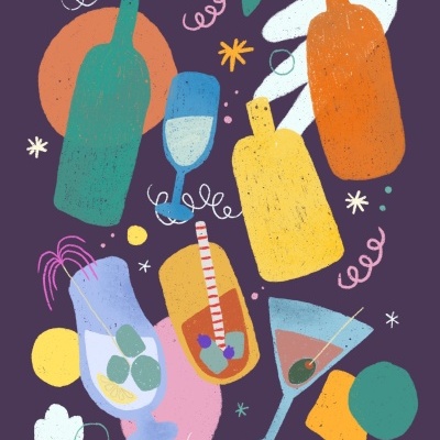 Ilustração colorida de garrafas e copos sobre fundo roxo com elementos decorativos