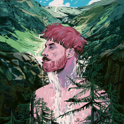 Ilustração artística de homem com cabelo e barba ruiva entre natureza e cascata