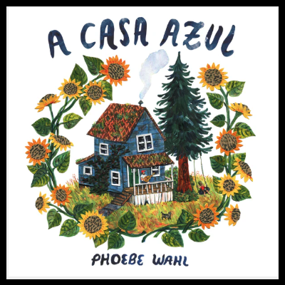 Ilustração de uma casa azul com flores e texto em português.