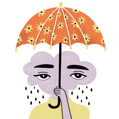 Nuvem com rosto segurando guarda-chuva com padrão de flores