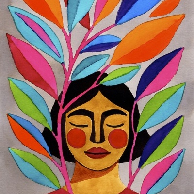 Ilustração de mulher com folhas coloridas ao redor