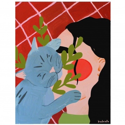 Ilustração de mulher e gato azul com ramos verdes sobre fundo vermelho com padrão em grade branca