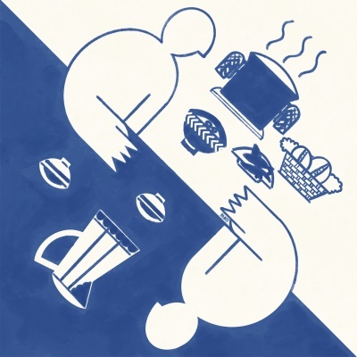 Ilustração simplificada de duas figuras humanas com pão, jarra e chávena