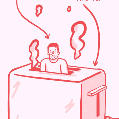 Ilustração de pessoa dentro de torradeira com texto em inglês