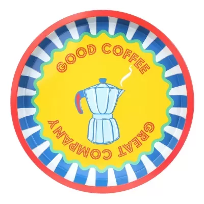 Tabuleiro redondo colorido com tema de café e ilustração de cafeteira