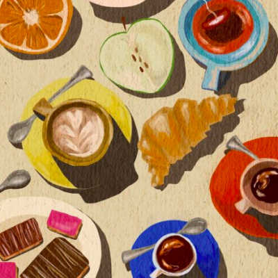 Ilustração de café, croissant, fruta e bolos sobre fundo bege