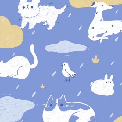 Ilustração de animais brancos em fundo azul com nuvens amarelas e cinzentas