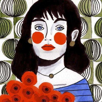 Ilustração mulher com flores vermelhas e padrão verde e branco