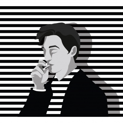 Ilustração de homem com riscas horizontais ao fundo