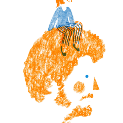 Desenho abstrato da cabeça de um homem com cabelo laranja e uma pessoa pequena sentada no cabelo.