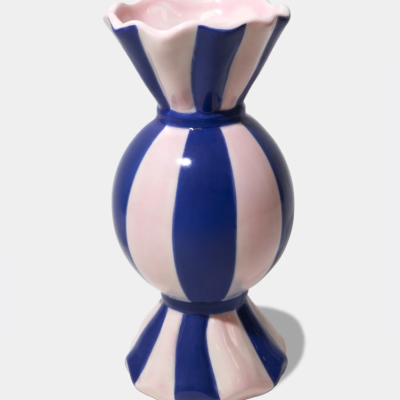 Vaso de cerâmica listrado azul e rosa