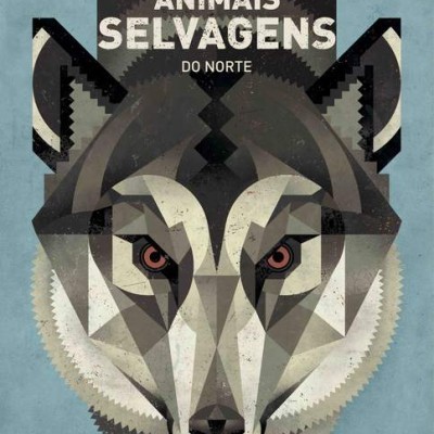 Capa de livro com ilustração geométrica de um lobo em tons cinza, branco e preto.