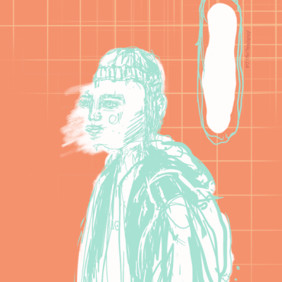 Desenho digital de homem com chapéu em fundo laranja com grelha