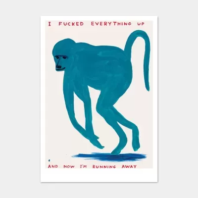 Ilustração de macaco azul com texto em vermelho em fundo bege