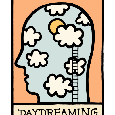 Ilustração colorida cabeça com nuvens e escada, texto DAYDREAMING