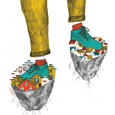 Ilustração de sapatos azuis com casas coloridas em miniatura como base flutuante