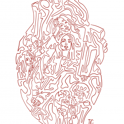 Desenho em linha vermelha de um coração humano com rostos humanos integrados