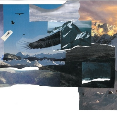 Colagem de recortes de montanhas e céu com aves