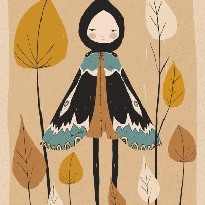 Desenho de personagem com capa de asas de mariposa e folhas em tons outonais