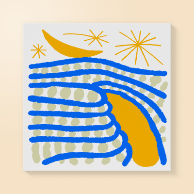 Ilustração abstrata com formas onduladas azuis, círculos cinzentos e detalhes em laranja