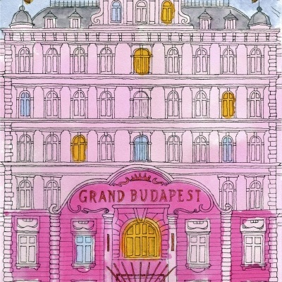 Desenho colorido do edifício Grand Budapest com janelas e portas amarelas em fundo de montanhas.
