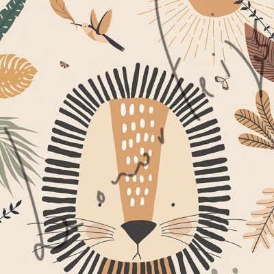 Ilustração estilizada de leão com elementos florais e animais em tons pastel.